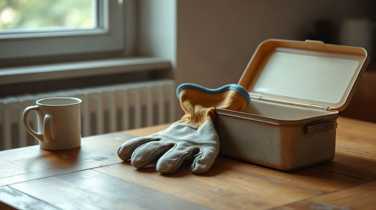 Gants de travail et boîte à repas fermée sur une table de cuisine au petit matin